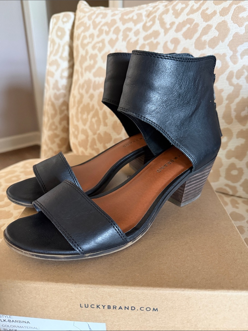 Lucky Brand Black Leather Ankle Cuff Block Heel Sandals
